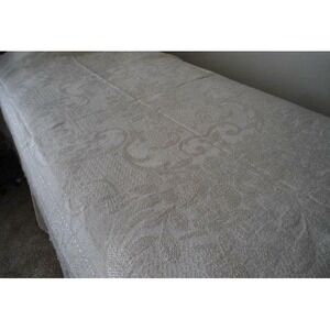 Vintage Italian Woven Damask Bedspread Hollywood Regency Cream Fringe